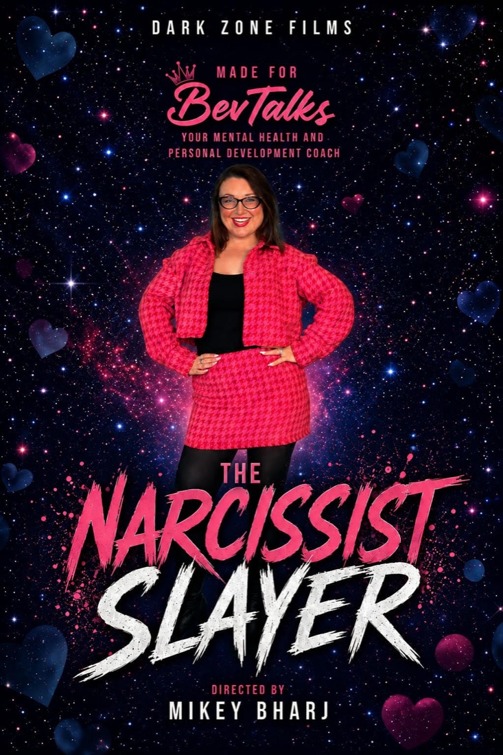 The Narcissist Slayer poster - a woman in a pink suit against a starry sky, made for Bev Talks.